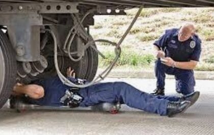 A DOT inspector lying under a truck with another DOT inspector taking notes